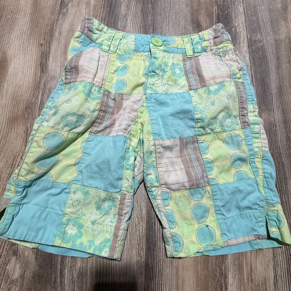Y2K Justice Patchwork Shorts Turquoise Green Plaid Floral Retro Kidcore 10 Slim